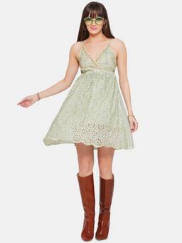 CINCIN Fashion - Green V Neck Schiffli Short Dress