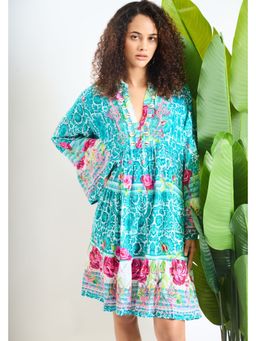 CINCIN Fashion - Blue Floral Tassel Mandarin Dress