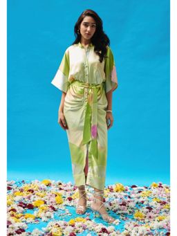 CINCIN Fashion - Green Printed Satin Pleated Shirt Dress