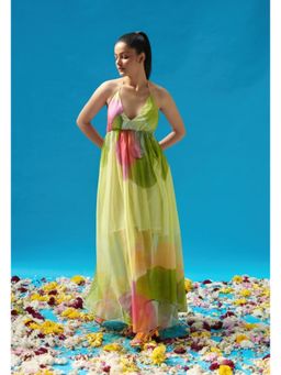 CINCIN Fashion - Green Printed Backless Halter Neck Maxi Dress
