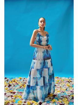 CINCIN Fashion - Blue Wave Printed Strappy Long Dress