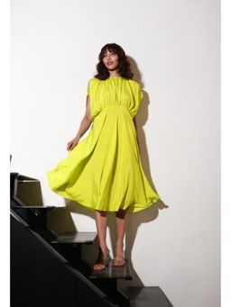 Echke - Yellow French Crepe Neck Rouged Midi Dress