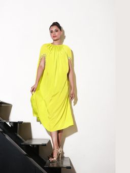 Echke - Lime Yellow Crepe Embellished Cut-Out Sleeves Dress