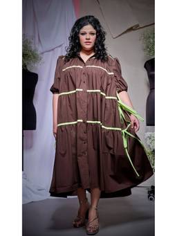 Echke - Brown Zara Cotton Pleated Long Shirt Dress