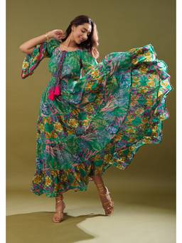 CINCIN Fashion - Green Panelled Abstract Printed Maxi Dress