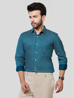 XKIND - Jonesburg Men's Teal Blue Printed Slim Fit Formal Shirt