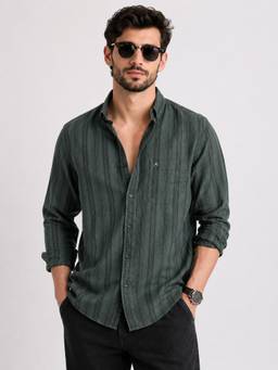 XKIND - Regular Fit Dark Green Stripe Shirt