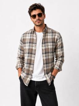 XKIND - Brownish Grey Regular Fit Checks Shirt