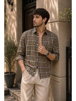 XKIND - Slim Fit Brown Checked Casual Shirt