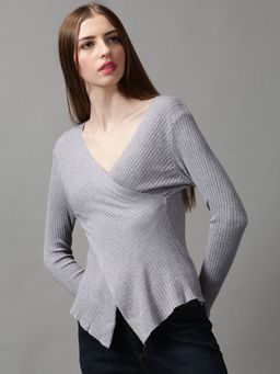SHOWOFF - Women's Solid V-neck Grey Wrap Top