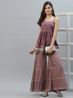 Stylum - Womens Gold Printed Rayon Short Kurti and Sharara (Set of 2)