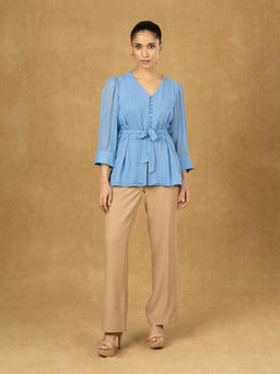 Powersutra - Blue Solid Button Down Top with Belt (Set of 2)