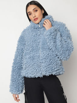 Missguided - Blue Fluffy Borg Teddy Zip Through Jacket