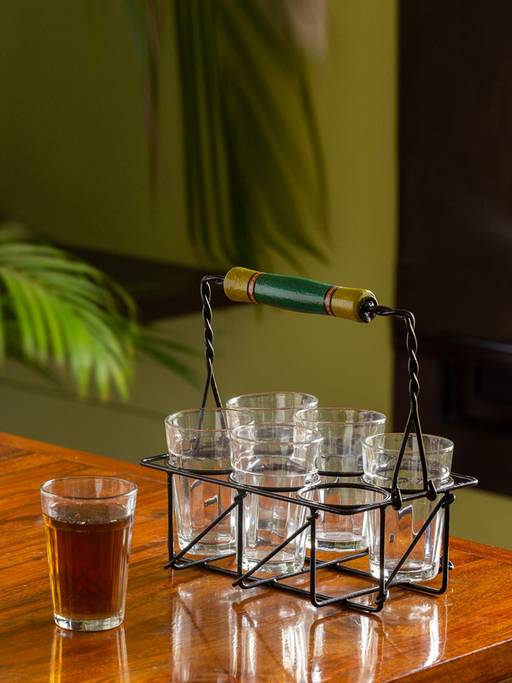 Buy ExclusiveLane 'The Railway Nostalgia' Cutting Chai Tea Glasses Set With Holder (Set of 6, 120 ml) Online