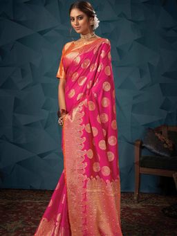 Odette - Womens Pink Silk Blend Printed Saree with Unstitched Blouse