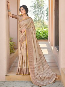 Odette - Womens Beige Cotton Woven Design Saree with Unstitched Blouse