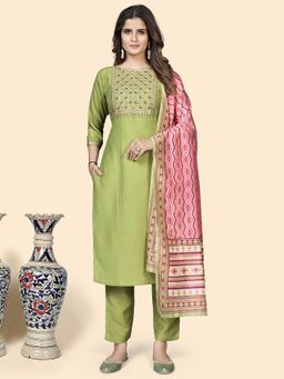 Vbuyz - Embroidered Straight Chinon Pista Stitched Kurta Pant With Dupatta(1943) (Set of 3)