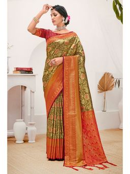EXCLUSIVA - Green Kanjivaram Silk Saree with Unstitched