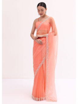 KALKI FASHION - Peach Organza Solid Sequined Saree with Unstitched Blouse