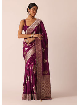KALKI FASHION - Wine Silk Floral Woven Butta Detail Saree with Unstitched Blouse