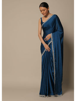 KALKI FASHION - Navy Blue Satin Embellished Stone Studded Saree with Unstitched Blouse