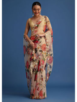 KALKI FASHION - Beige Organza Floral Printed Embellished Saree with Unstitched Blouse