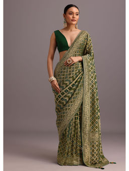 KALKI FASHION - Green Georgette Woven Bandhani Zari Saree with Unstitched Blouse
