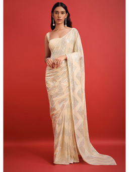 KALKI FASHION - Off White Georgette Sprinkled Sequined Saree with Unstitched Blouse