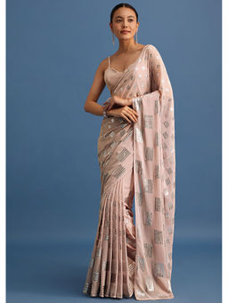 KALKI FASHION - Light Peach Sequin Embellished Georgette Saree with Unstitched Blouse