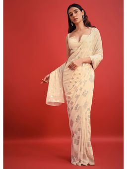 KALKI FASHION - Cream Georgette Embellished Sequined Saree with Unstitched Blouse