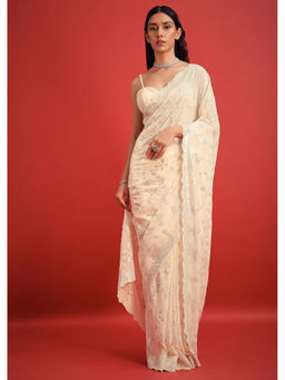 KALKI FASHION - Off White Georgette Sequined Saree with Unstitched Blouse