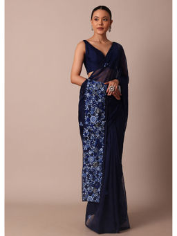 KALKI FASHION - Navy Blue Organza Intricate 3D Floral Embroidered Saree with Unstitched Blouse