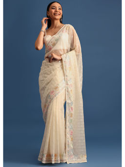 KALKI FASHION - Off White Embroidered Tissue Sequined Saree with Unstitched Blouse
