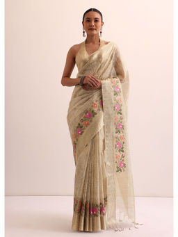 KALKI FASHION - Beige Chanderi Silk Embroidered Thread Work Saree with Unstitched Blouse
