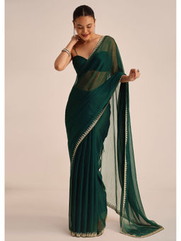 KALKI FASHION - Green Tissue Stripes Cutdana Sequined Border Saree with Unstitched Blouse