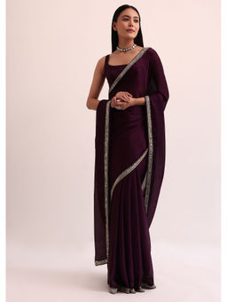 KALKI FASHION - Wine Satin Solid Sequined Mirror Work Saree with Unstitched Blouse