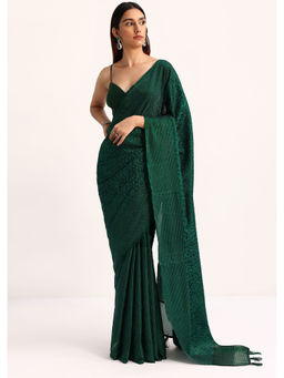 KALKI FASHION - Dark Green Tissue Stone Embroidery Saree with Unstitched Blouse