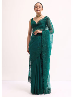 KALKI FASHION - Green Organza Embroidered Thread Work Saree with Unstitched Blouse