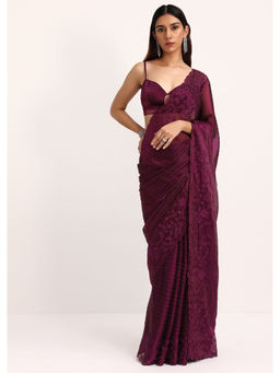 KALKI FASHION - Wine Tissue Embroidered Stone Work Saree with Unstitched Blouse