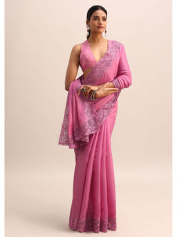 KALKI FASHION - Pink Tussar Silk Embroidered Thread Cutwork Saree with Unstitched Blouse