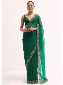 KALKI FASHION - Green Organza Embroidered Sequined Saree with Unstitched Blouse