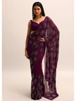 KALKI FASHION - Wine Swarovski Stone Work Georgette Saree with Unstitched Blouse
