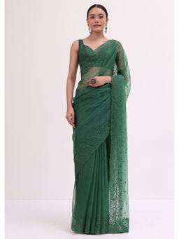 KALKI FASHION - Castleton Green Organza Embroidered Saree with Unstitched Blouse