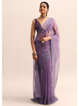 KALKI FASHION - Purple Organza Embroidered Thread Work Saree with Unstitched Blouse