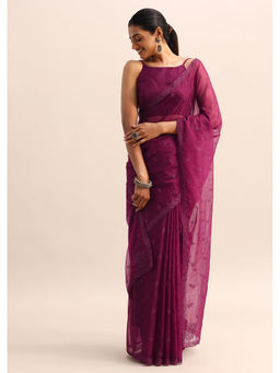 KALKI FASHION - Wine Organza Embroidered Thread Work Saree with Unstitched Blouse
