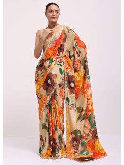 KALKI FASHION - Beige Muslin Floral Printed Mirror Work Saree with Unstitched Blouse