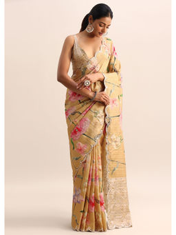 KALKI FASHION - Beige Floral Printed Tissue Mirror Work Saree with Unstitched Blouse