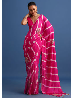 KALKI FASHION - Rani Pink Printed Lehriya Silk Gota Patti Work Saree with Unstitched Blouse