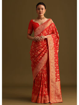 KALKI FASHION - Red Georgette Woven Zari Jaal Motif Saree with Unstitched Blouse