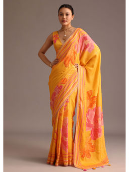 KALKI FASHION - Yellow Floral Printed Mirror Work Muslin Saree with Unstitched Blouse